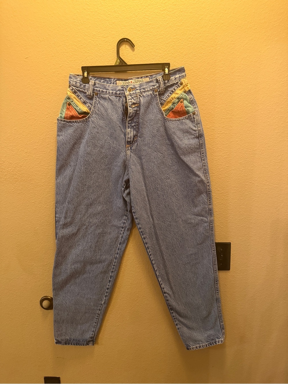 Zena Medium Blue Boyfriend Jeans with Red Green Yellow Orange Pocket Panels